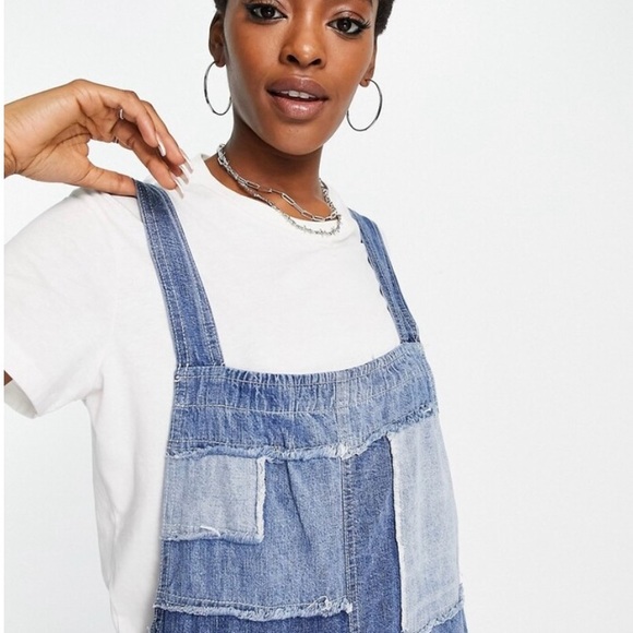 We the Free People Baggy Denim Jumpsuit Fern Overalls Patchwork Raw Hem SIZE L - Picture 6 of 9